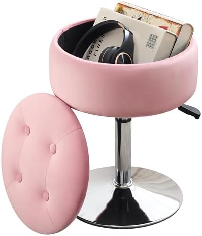 Pink Swivel Vanity Stool With Storage Vanity Chair for Makeup Room Ottoman