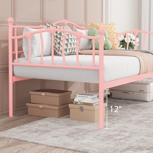 GarveeHome Twin Size Daybed Frame, Sofa Bed with Stylish Headboard, Heavy Duty Steel Slat Support, Space Saving for Living Room/Bedroom/Guest Room, Pink