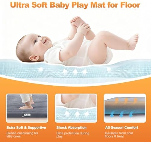 Ultra Soft Play Mat for Floor, 59"×79" Playpen Mat, 1.3" Thick Memory Foam, Non-Slip Tummy Time Mat for Infants, Toddlers, and Kids – Water-Repellent Coral Velvet, Easy Care