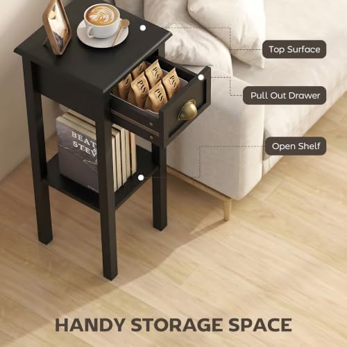 HOMCOM Narrow End Table with Drawer and Bottom Shelf Set of 1 Black