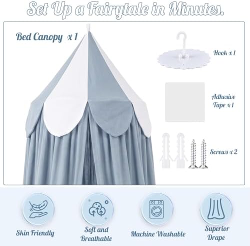 Bed Canopy with Scalloped Edge, 2 Panel Striped, Blue