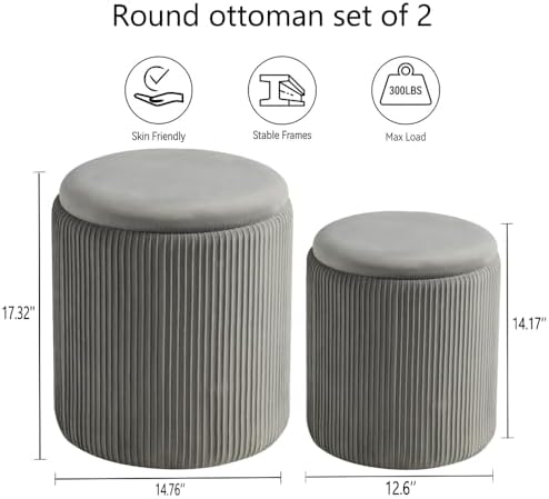 BLEXA Set of 2 Round Storage Ottoman Light Grey Velvet Ottoman with Storage
