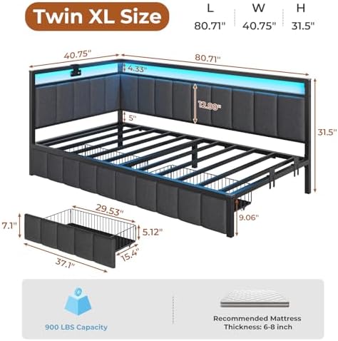 DICTAC Corner Bed Frame with 2 Storage Drawers and Charging Station Twin XL Metal Platform Bed Frame with Led Lights and Upholstered Guardrail Twin XL Daybed for Kids/Teen,No Box Spring Needed,Gray