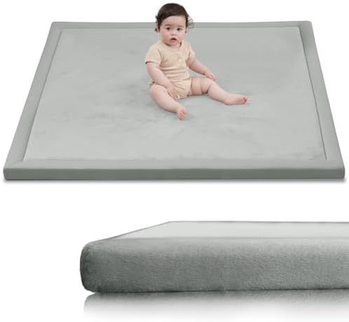 Huloo Sleep Baby Play Mat for Floor,1.3" Thick Memory Foam Tummy Time Mat,Soft Coral Velvet Nursery Rug,Extra Large Non Slip Crawling Mats for Living Room(Light Grey)
