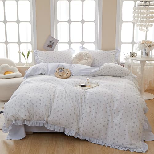Blue Ruffle Duvet Cover 100% Cotton Twin(68"x86"),Blue Floral