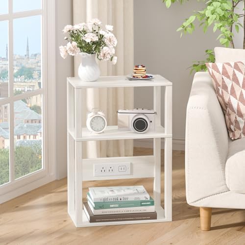 YUFAM 3-Tier Narrow Bedside Table with Charging Station, Skinny Nightstand
