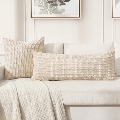 MIULEE Lumbar Corduroy Throw Pillow Cover for Bed 14x36 Cream White