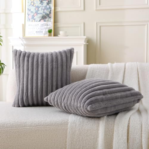 Decorative Throw Pillow with Inserts, Set of 2 Soft Faux Fur Throw Pillows, Square Boho Striped Pillow for Couch, Bed, Sofa Decor (Gray, 20" x 20"(Pack of 2))