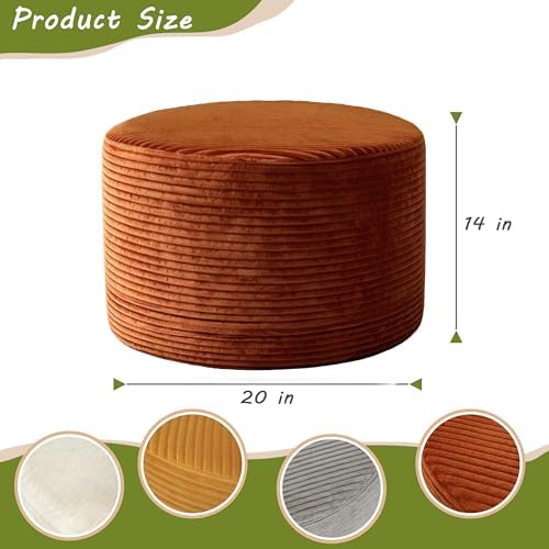Thgonwid Round Ottoman Pouf, Corduroy Foot Rest Stool, 20x14In,Burnt Orange