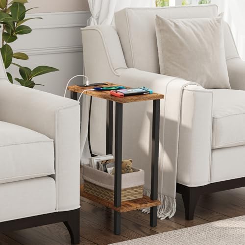 TUTOTAK Narrow Side Table, 2-Tier Small End Table with Charging Station