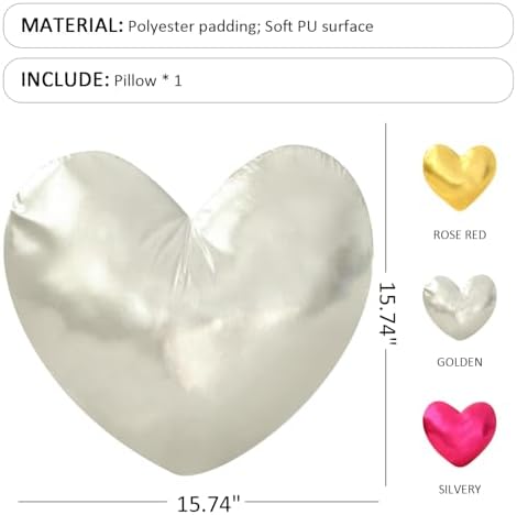 Silver Heart Decorative Throw Pillow, Adorable Heart Accent Cushion for Bed Couch Sofa, Waist Cushion for Car Seat Back Support, Photo Prop and Home Decor