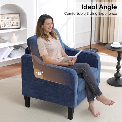 Accent Chair for Living Room, Mid Century Modern Reading Chair for Bedroom, Upholstered Armchair with Side Pockets, Comfy Single Sofa Side Chair for Office, Apartment, Small Room, Blue