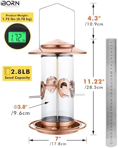 iBorn Metal Bird Feeder for Outside Hanging,Wild Bird Feeders for Cardinal,17.8cm Large Roof&Tray Copper-Plating 10 Port(Seed is not Included)