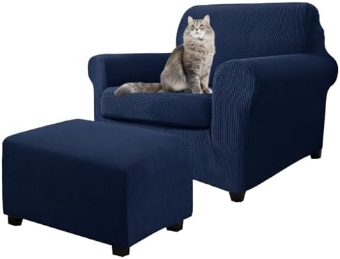 3 Piece Stretch Matching Chair and Ottoman Slipcover Set, Jacquard Arm Chair/Ottoman/Fitted Seat Covers, Non-Slip Accent Armchair and Foot Stool Slip Cover (Navy,3 Pieces Set)