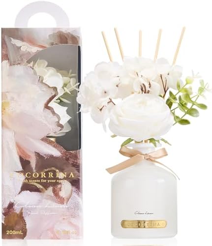 Cocorrína Clean Linen Flower Reed Diffuser Set, 6.7oz Home Fragrance with Sticks, Long Lasting Scented Diffuser for Bathroom, Bedroom, Living Room & Shelf Decor