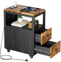 Narrow End Table with Charging Station and Wheels, Movable Narrow End Table with USB Ports and Outlets for Small Space, Living Room, Bedroom and Office, with 4 Wheels ( Rustic Brown + Black)