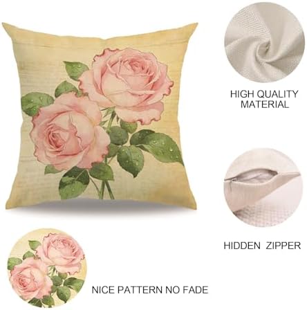 7COLORROOM Decorative Romantic Flower Pillow Cover Vintage Shabby Chic Peach Pink Rose Floral Cushion Cover Square Cotton Linen Pillowcase for Sofa Bedroom Car 18x18 Inch Set of 2 (Peach Pink)