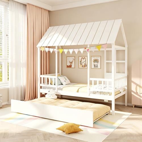 GIANTEX Twin House Bed with Trundle Bed Twin, Wooden Montessori Bed Frame with Roof & Safety Guardrail for Kids, Teens, Boys or Girls, No Box Spring Needed (White)