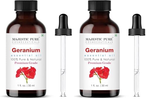 Majestic Pure Essential Oil with Glass Dropper - 100% Pure and Natural - Essential Oils for Diffuser, Aromatherapy, Soap and Candle Making, Geranium Essential Oil, Geranium Oil, 1 Fl Oz (Pack of 2)