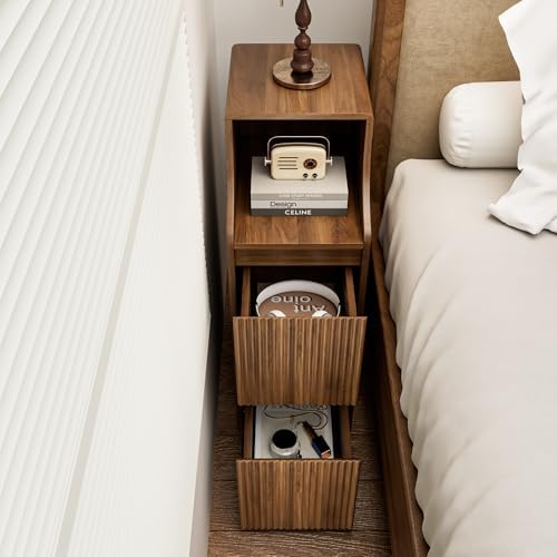 Fluted Narrow Nightstand, Skinny Bedside Table with 2 Drawers, Wooden Small Vintage Side Table, Mid Century Modern Night Stand, Slim End Table, for Bedroom, Living Room, Walnut, Brown