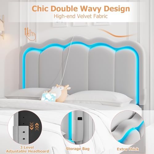 Full Upholstered LED Bed Frame with 2 Storage Drawers and Adjustable Chic Double Wavy Headboard, Velvet Prince Platform Bed with Charing Station, Solid Wood Slats Support,No Box Spring Needed,Grey