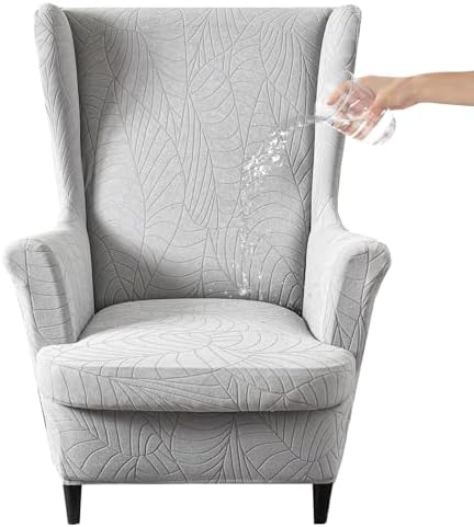 2 Piece Wingback Chair Cover Stretch Jacquard Wing Back Chair Slipcover with Armrest Washable Furniture Protector for Armchair Living Room Bedroom