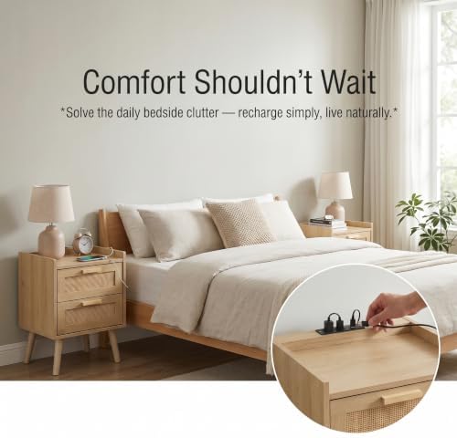 Finnhomy Nightstand with Charging Station, Bedside Table with 2 Hand Made Rattan Decorated Drawers, Night Stand with Storage for Bedroom, Natural
