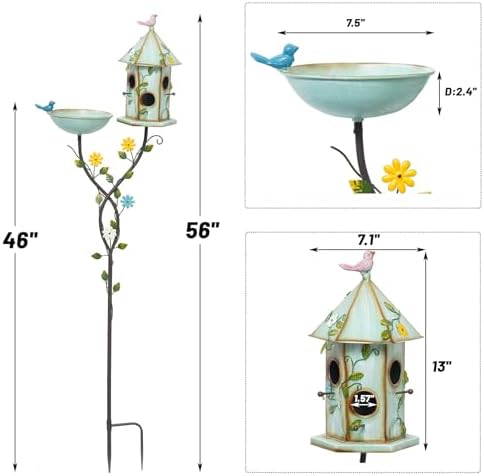Bird Baths and Bird House with Pole,birdhouses for Outdoors，Metal Bird Bath