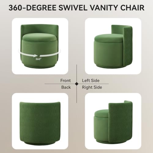 Large Velvet Vanity Chair, 360° Swivel Makeup Chair with Storage, Green