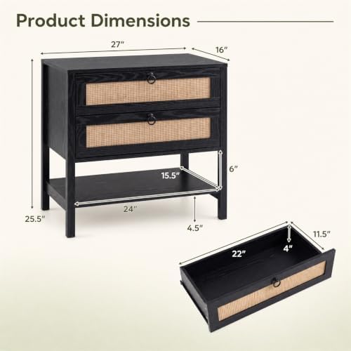 GIANTEX Rattan Nightstand Set 2 with 2 Drawers, 27" Wide Boho Bedside Table