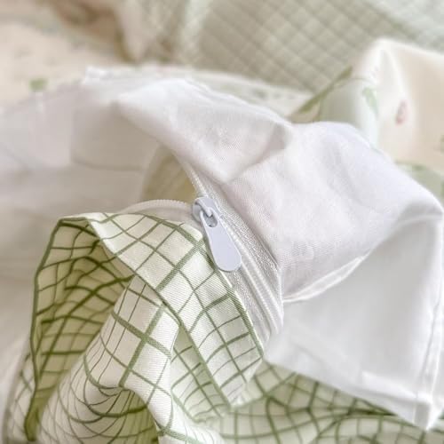 Cute Rabbits White Ruffle Duvet Cover Full Size Reversible Green Plaid Comforter Cover with 2 Pillowcases 100% Cotton Garden Girls Bedding Set with Zipper Closure, Full 80 * 90”