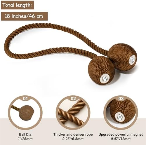 Hion Magnetic Curtain Tiebacks Dark Brown 6pcs, Curtain Holdbacks Hooks