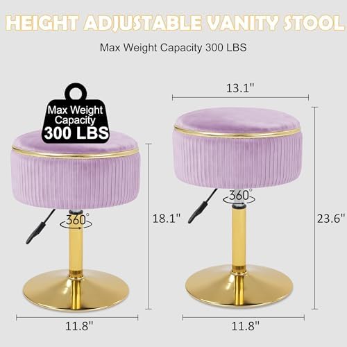 Adjustable Vanity Stool, Velvet Makeup Stool with Storage Purple