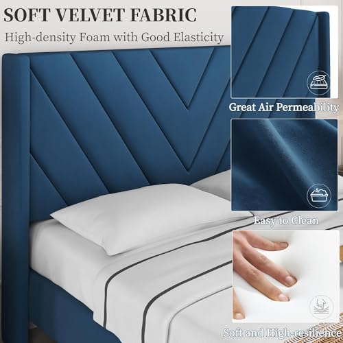 Yaheetech Queen Bed Frame with Chevron Channel-Tufted Headboard, Blue