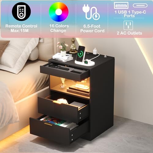 Yusong Night Stand with Gun Drawer & Invisible Lock, Bedside Table, LED Nightstand with Charging Station, Modern Night Stand, Wood Sofa Couch End Side Table with 2 Pull-Out Shelf (Black 002)