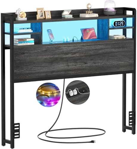 Aheaplus Headboard for Twin Size Bedwith Storage and Outlets, Black Oak