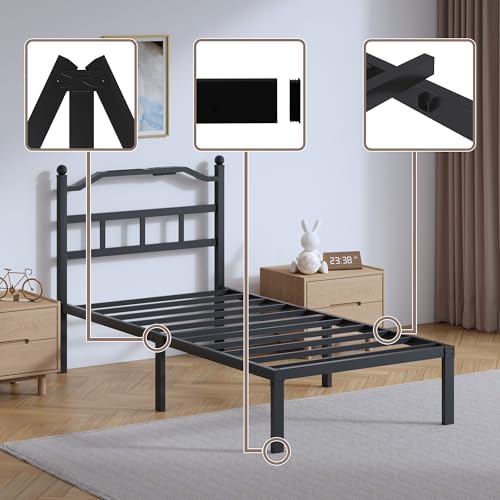 Metal Bed Frame with Headboard - 14 Inch Twin XL Size Heavy Duty Bedframe with Charging Station Black Basic Steel Slats Platform No Box Spring Needed/Noise Free
