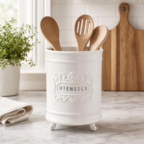 Mud Pie Circa Ceramic Utensil Holder, Kitchen Countertop Crock, White
