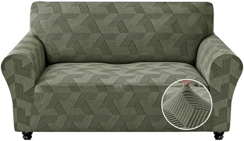 JIVINER 1 Piece Couch Cover for 2 Cushion Couch, High Stretch Loveseat Covers with Elastic Bottom, Washable Sofa Slipcovers for Dog, Pets Feature Geometrical Jacquard Fabric (Loveseat, Army Green)