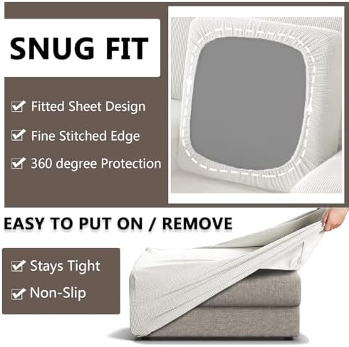 3 Piece Stretch Matching Chair and Ottoman Slipcover Set, Jacquard Arm Chair/Ottoman/Fitted Seat Covers, Non-Slip Accent Armchair and Foot Stool Slip Cover (Ivory,3 Pieces Set)