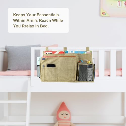 Surblue Bedside Caddy Hanging Bed Organizer Storage Bag Pocket for Bunk and Hospital Beds, College Dorm Rooms Baby Bed Rails, Camp 8 Pockets, (Large, Linen)