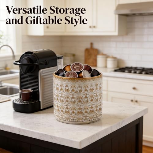 Utensil Holder Utensil Crock Rustic Embossed Ceramic Kitchen Utensil Holder – Farmhouse Decorative Countertop Organizer for Cooking Tools, Flowers, Coffee Pods, 5.3”x5.3” Vintage Beige