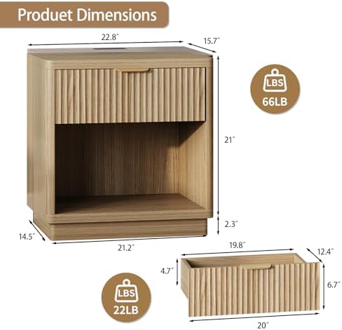Fluted Nightstand Set of 2 with Charging Station,Drawer&Open Shelf,Natural