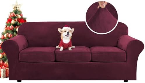 H.VERSAILTEX Modern Velvet Plush 4 Piece High Stretch Sofa Slipcover Sofa Cover Furniture Protector Form Fit Luxury Thick Velvet Sofa Cover for 3 Cushion Couch Width Up to 90 Inch(Sofa,Burgundy)