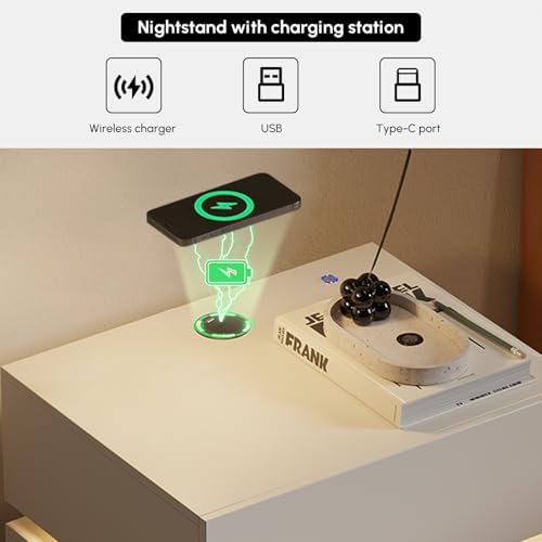 homary Smart Nightstand Set of 2 with Wireless Charging Station, USB & Type-C Ports, LED Light, 2 Drawers – Modern White Bedside Table for Bedroom Storage