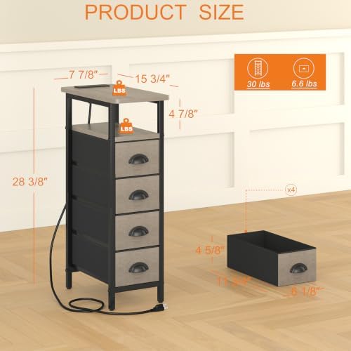sthmec Side Table with Charging Station, Narrow End Table with 4 Drawers, Small Nightstands with Fabric Drawers,Slim Sofa Couch Side Tables for Small Spaces,Living Room,Bedroom, Grey