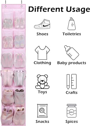 MISSLO Over The Door Shoe Organizer 12 Large Mesh Pockets Hanging Narrow Closet Door, Baby Hanging Shoe Rack Kids Closet Storage bags for Girl Women Men Toddler Nursery, Pink, 2 Pack