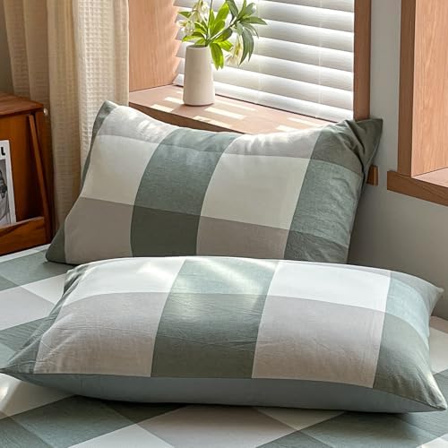 AOJIM Green Plaid Duvet Cover 3-Piece Set Soft Breathable 100% Washed Cotton Reversible Bedding Set Farmhouse Vintage Comforter Cover and 2 Pillowcases Neutral Zipper Bedding Duvet Cover Set King Size