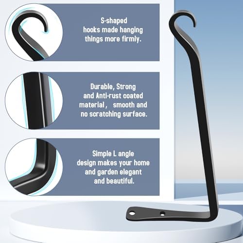 FEED GARDEN Heavy Duty Plant Hooks - 2 Pack 12 Inch Wall Mounted Hanging Brackets, 48lb Capacity Steel Plant Hangers for Bird Feeders, Baskets, Wind Chimes Outdoor Indoor- Black