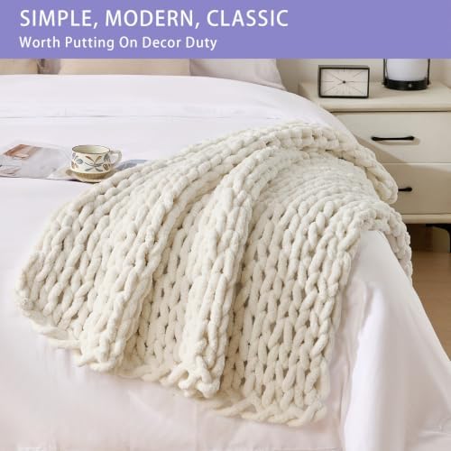 Bigacogo Chunky Knit Throw Blanket for Couch, 40x40 inches, Vintage White